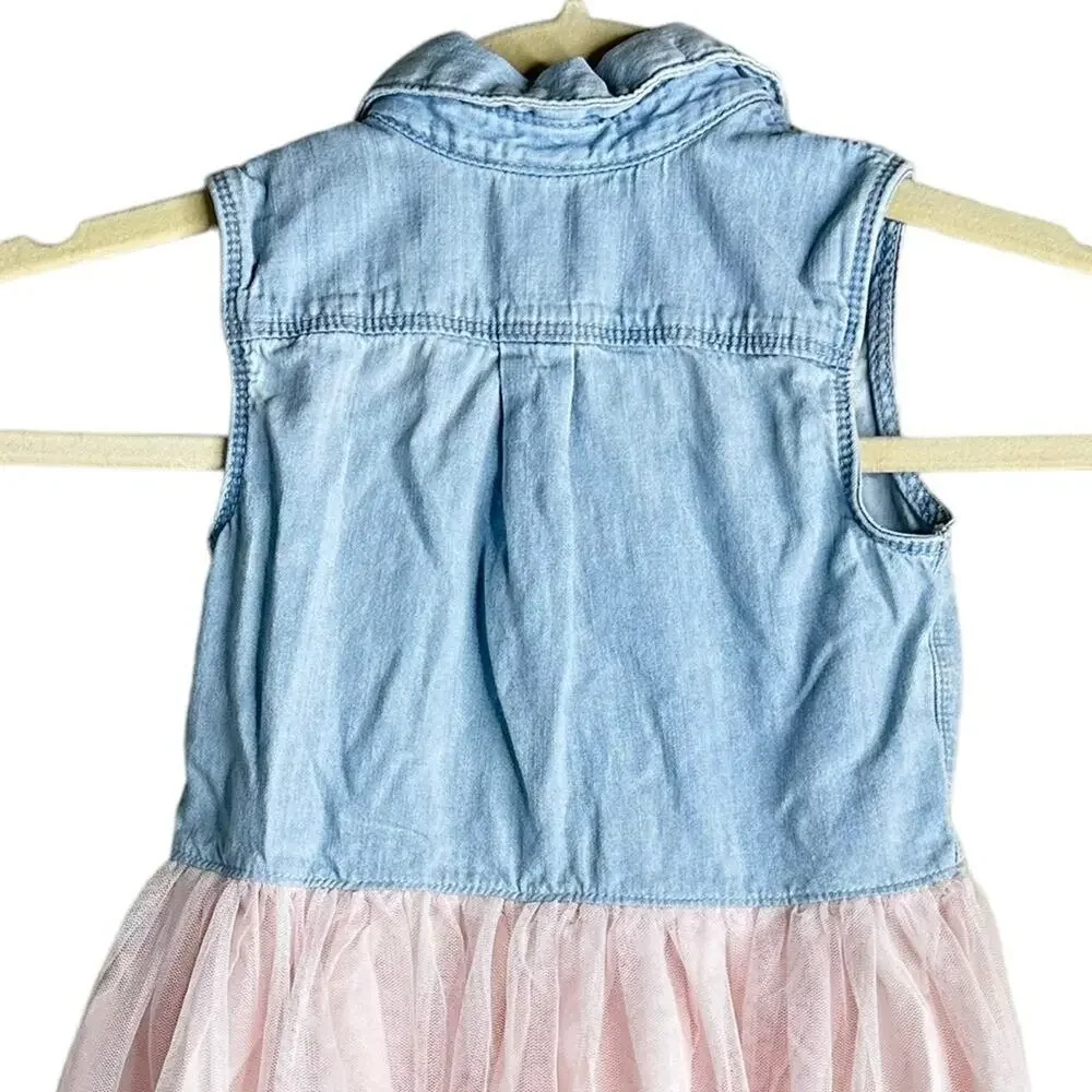 Oshkosh Denim & Tulle Mini Dress Sleeveless Cotton Chambray Pink Size 3T